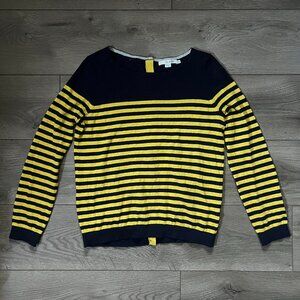 Boden Navy Blue & Yellow Striped Back Button Detail Crewneck XS Cashmere Blend